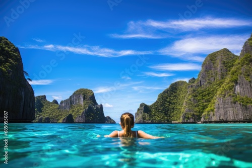 Young woman relaxing in tropical lagoon, Phi Phi island, Thailand, A young woman swimming in clear sea water in a lagoon and looking at a beautiful landscape, Travelling, AI Generated