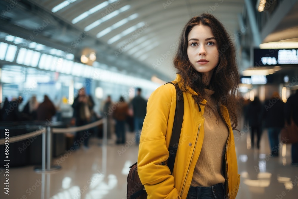 Young beautiful woman in yellow jacket with backpack standing at the airport, A young woman wearing casual clothes is posing at the airport, AI Generated Young beautiful woman in yellow jacket with backpack standing at the airport, A young woman wearing casual clothes is posing at the airport, AI Generated