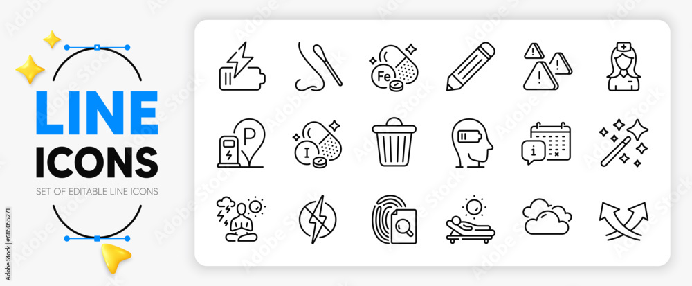 Magic wand, Nasal test and Iron line icons set for app include Lounger, Pencil, Intersection arrows outline thin icon. Charging station, Antistatic, Weariness pictogram icon. Vector