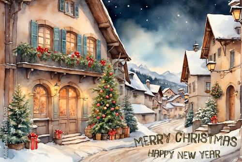 Merry Christmas. Happy New Year. Greeting card Santa's fairytale village