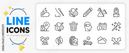 Magic wand, Nasal test and Iron line icons set for app include Lounger, Pencil, Intersection arrows outline thin icon. Charging station, Antistatic, Weariness pictogram icon. Vector