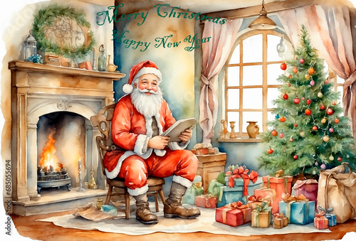 Merry Christmas. Happy New Year. Greeting card with Santa Claus with a list of gifts for children on Christmas night