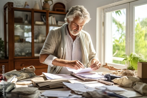 Senior American woman packing her travel documents for a global adventure photo