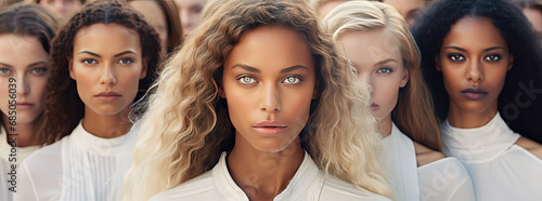 Women with many skin tones, hair colors and ethnicities stand together in one frame