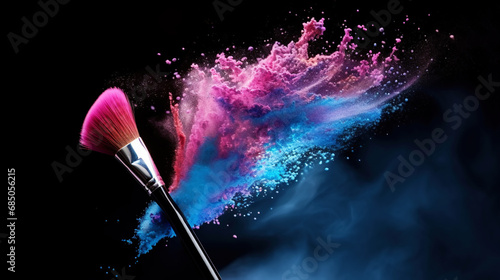 A soft makeup brush releases colourful powder into a dusty, expansive cloud. Black background. Generative AI
