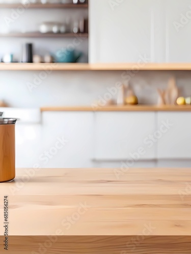 Wooden table on blurred kitchen bench background. Empty wooden table and blurred kitchen background
