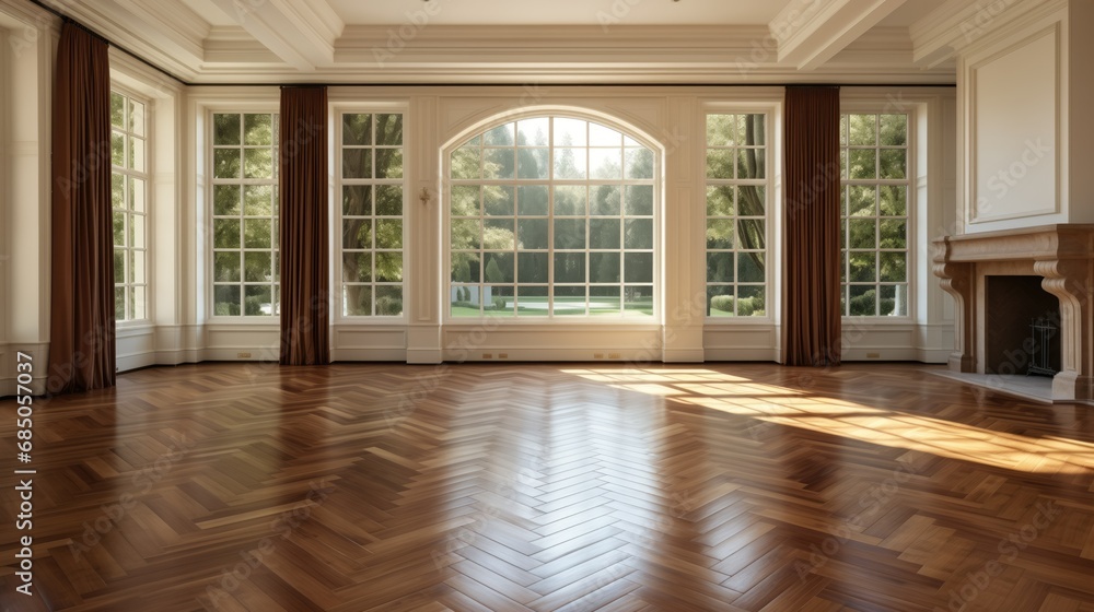 Expansive room with a stylish chevron pattern parquet floor made of mahogany wood. The luxurious design exudes elegance and sophistication, creating a grand and opulent atmosphere - obrazy, fototapety, plakaty 