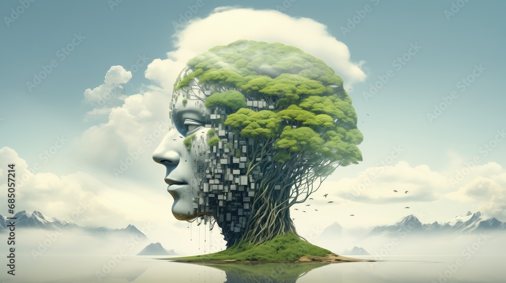 artificial human head depicting green environment and clean energy concept