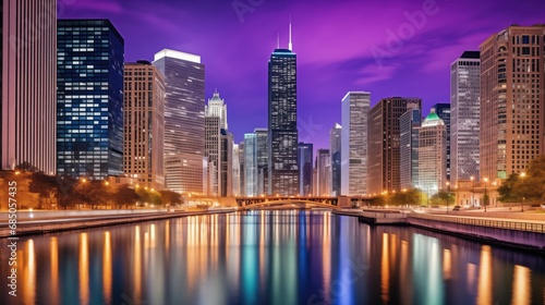 Vibrant city skyline at night, with glittering lights reflecting on a calm lake. Bustling streets filled with people strolling, creating a lively atmosphere