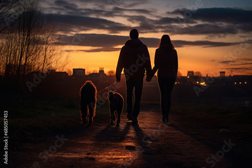Romantic Evening Walk with Dog at Sunset