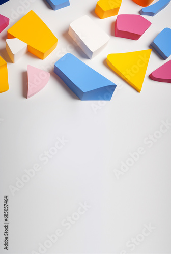 Abstract background with a copy space. Multicolored three-dimensional shapes on a white background.