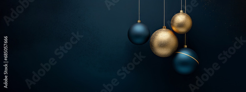 Merry Christmas, festive celebration holiday holidays greeting card long - Hanging gold dark blue ornaments (christmas baubles) on blue background