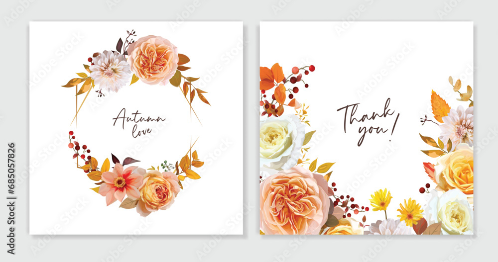 Fall flowers bouquet cards set. Watercolor vector floral illustration. Wedding invite, Thanksgiving, thank you template design. Peach, yellow, orange rose, dahlia, red berries, eucalyptus leaves frame