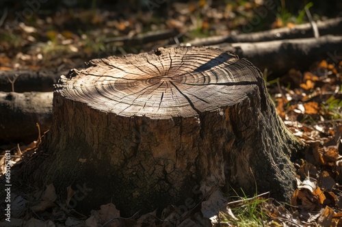 Wood stump forest. Sawed forgotten and old tree trunk with rotten roots. Generate AI photo