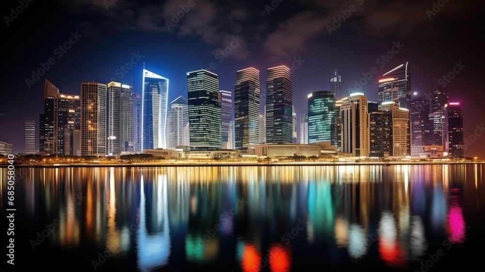 Fototapeta premium Nightfall in the city, a glittering wonderland of buildings and dazzling lights. Mesmerizing display of colors, bustling streets, and vibrant nightlife. City skyline reflected in calm waters