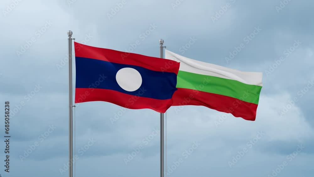 Bulgaria flag and Laos flag waving together on cloudy sky, endless seamless loop, two country relations concept Bulgaria flag and Laos flag waving together on cloudy sky, endless seamless loop, two country relations concept
