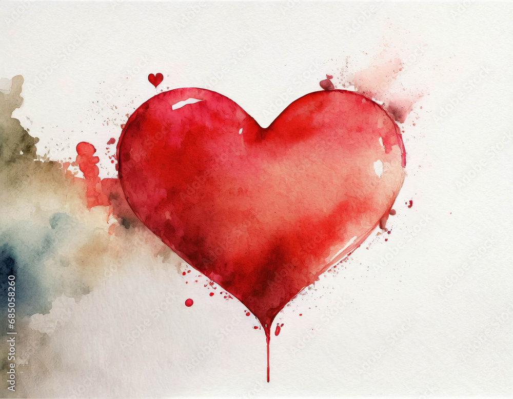 Watercolor red heart shape on grunge paper background. Valentines Day love concept.