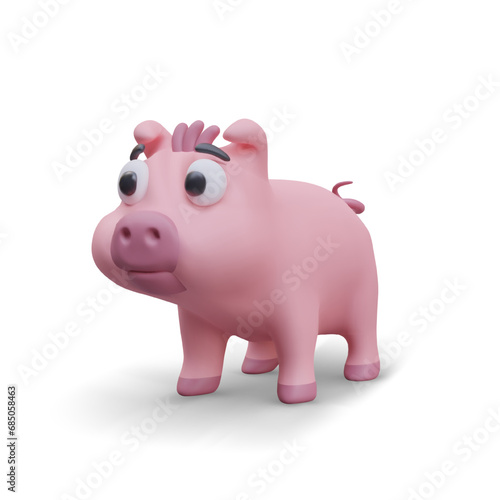 Cartoon character on white background. Cute baby pink pig. Happy young pig standing. Funny animals emotions. Domestic farm concept. Vector illustration in 3D style