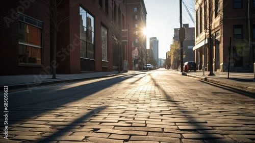 Overexposed street scene with bright sunlight casting long shadows. Stark contrast between bright areas and dark shadows. Visible grains add texture and roughness