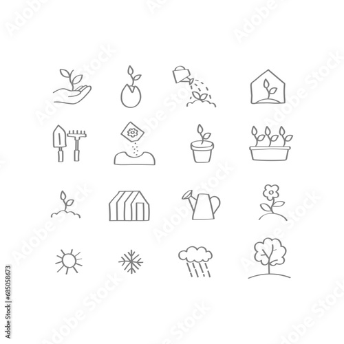 Hand drawn icon set. Gardening, planting, farming, greenhouse, sprouts, plant care, weather.