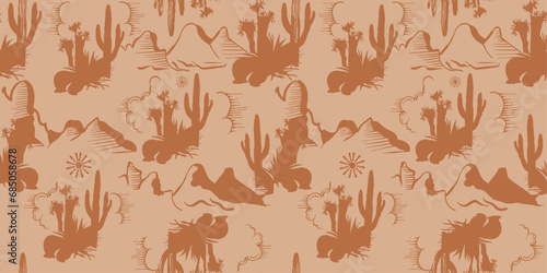 Vector Desert Pattern, seamless vector floral summer tropical pattern background with cactuses, mountain, sun, surface textures, textile. Isolated on off-white background