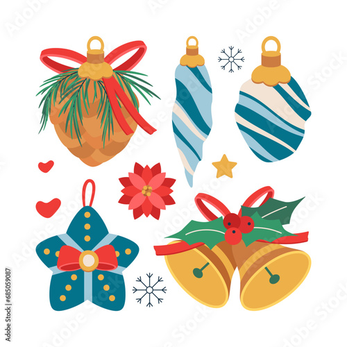 Set of Christmas toy, bells with bow, ribbon, and mistletoe berries.