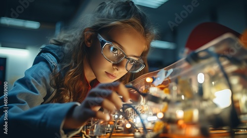 tech-savvy teen: girl with goggles assembling electronics circuit at science center photo