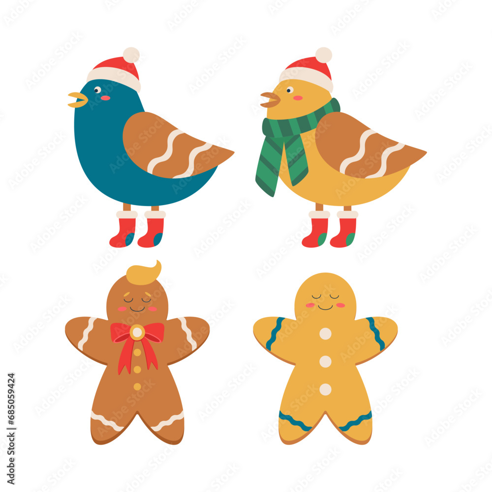 Set of Christmas gingerbread and bird in a cap, scarf, and boots.