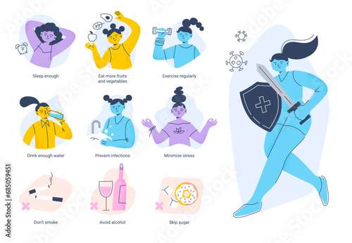 Tips for boosting the immune system with a cartoon female character. Healthy lifestyle and immunity support. Vector info graphics with flat illustrations isolated on a white background.