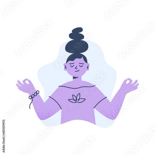 A young girl meditates with closed eyes. A healthy habit and immunity support. Vector flat illustration isolated on a white background.
