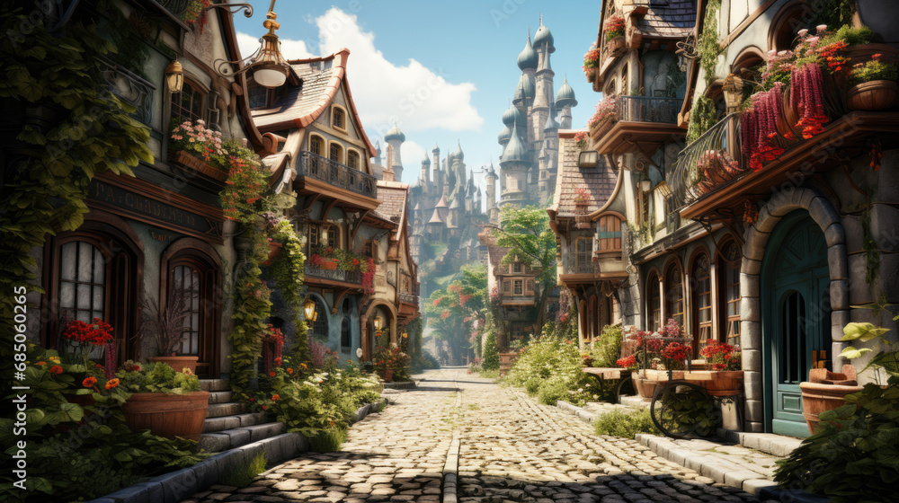 A fairy-tale town in the sunshine - obrazy, fototapety, plakaty 
