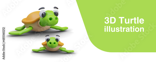 Cute turtle in different positions. Placard with realistic turtle on white background with green elements. Terrarium animal for online game. Vector illustration with place for text