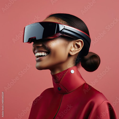 Side profile portrait of a black woman wearing an extended reality, xr, headset isolated against a modern red background. Shoot on the theme of augmented reality, virtual reality and mixed reality