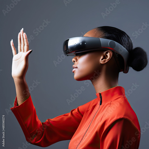 Black woman wearing an extended reality, xr, headset and raising hand in the air, isolated against a modern background. Shoot on the theme of augmented reality, virtual reality and mixed reality