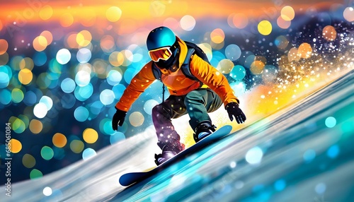 Snowboarding down a mountain with sparkle effect