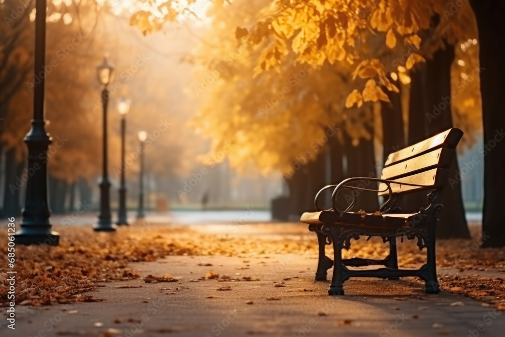 Bench in autumn park. Autumn landscape. Warm peaceful day. AI generated