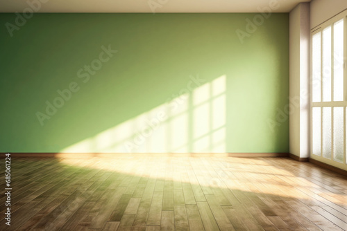 Living room with sunlight shine through a sliding door  wooden floor  green wall. Generative AI
