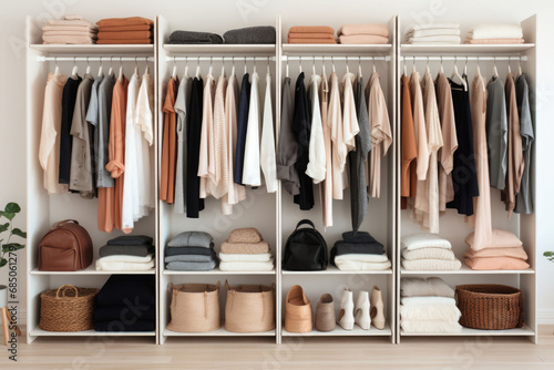 Minimalist monochromatic wardrobe. Closet filled with clothing, neatly organized. Generative AI