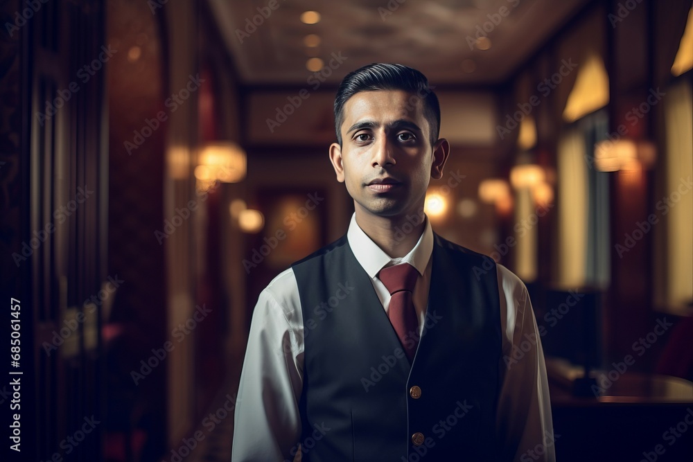 Charming indian hotel staff doorman. Service asian happy people gesture. Generate Ai - obrazy, fototapety, plakaty 