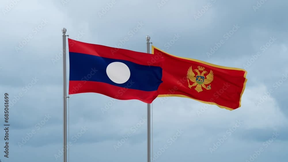 Montenegro and Laos flag waving together on cloudy sky, endless seamless loop, two country cooperation concept Montenegro and Laos flag waving together on cloudy sky, endless seamless loop, two country cooperation concept