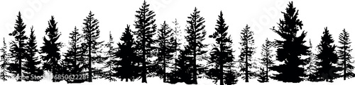 Set of horizontal silhouettes depicting coniferous spruce fir trees, gracefully standing against a transparent background. Generative AI