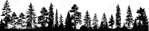 Set of silhouettes featuring horizontal arrangements of coniferous spruce fir trees on a transparent background. Generative AI photo