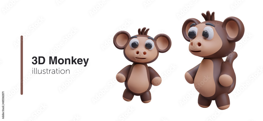 Fototapeta premium Realistic monkeys in different positions. Collection of cartoon animal toy characters for online store. Vector illustration in 3d style on white background