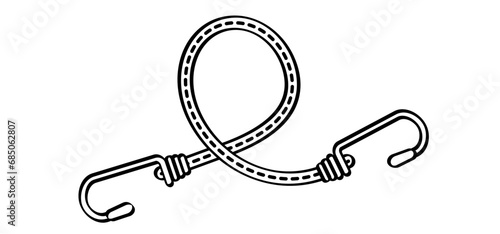 Drawing cartoon, elastic with hook. Cord with Hooks. Bungee spider sign. Rope icon. For Braided elastic strap with hooks. Elastic band. Bungee cords. Rubber strap with steel hooks. For car or bike.