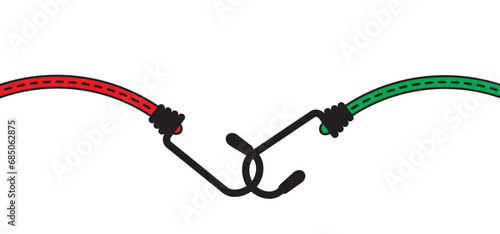 Drawing cartoon, elastic with hook. Cord with Hooks. Bungee spider sign. Rope icon. For Braided elastic strap with hooks. Elastic band. Bungee cords. Rubber strap with steel hooks. For car or bike.