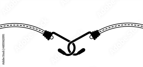 Drawing cartoon, elastic with hook. Cord with Hooks. Bungee spider sign. Rope icon. For Braided elastic strap with hooks. Elastic band. Bungee cords. Rubber strap with steel hooks. For car or bike.