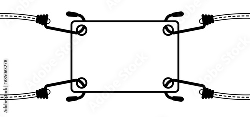 Drawing cartoon, elastic with hook. Cord with Hooks. Bungee spider sign. Rope icon. For Braided elastic strap with hooks. Elastic band. Bungee cords. Rubber strap with steel hooks. For car or bike.