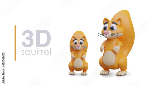 Big and small vector squirrel, front and side view. Bushy forest rodent with fluffy tail. Cute vector creature. Set of 3D illustrations. Isolated characters in plasticine style