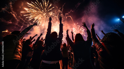 Unity Under the Fireworks: Crowd Celebrating with Uplifted Hands photo