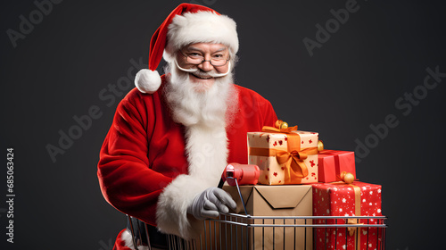 Happy Santa Clause with a shopping cart full of gifts, Santa shopping gifts for kids in the cart, Christmas Santa